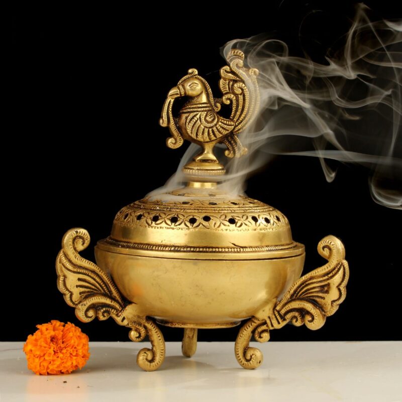 Brass Dhoopdani Incense Burner with peacock