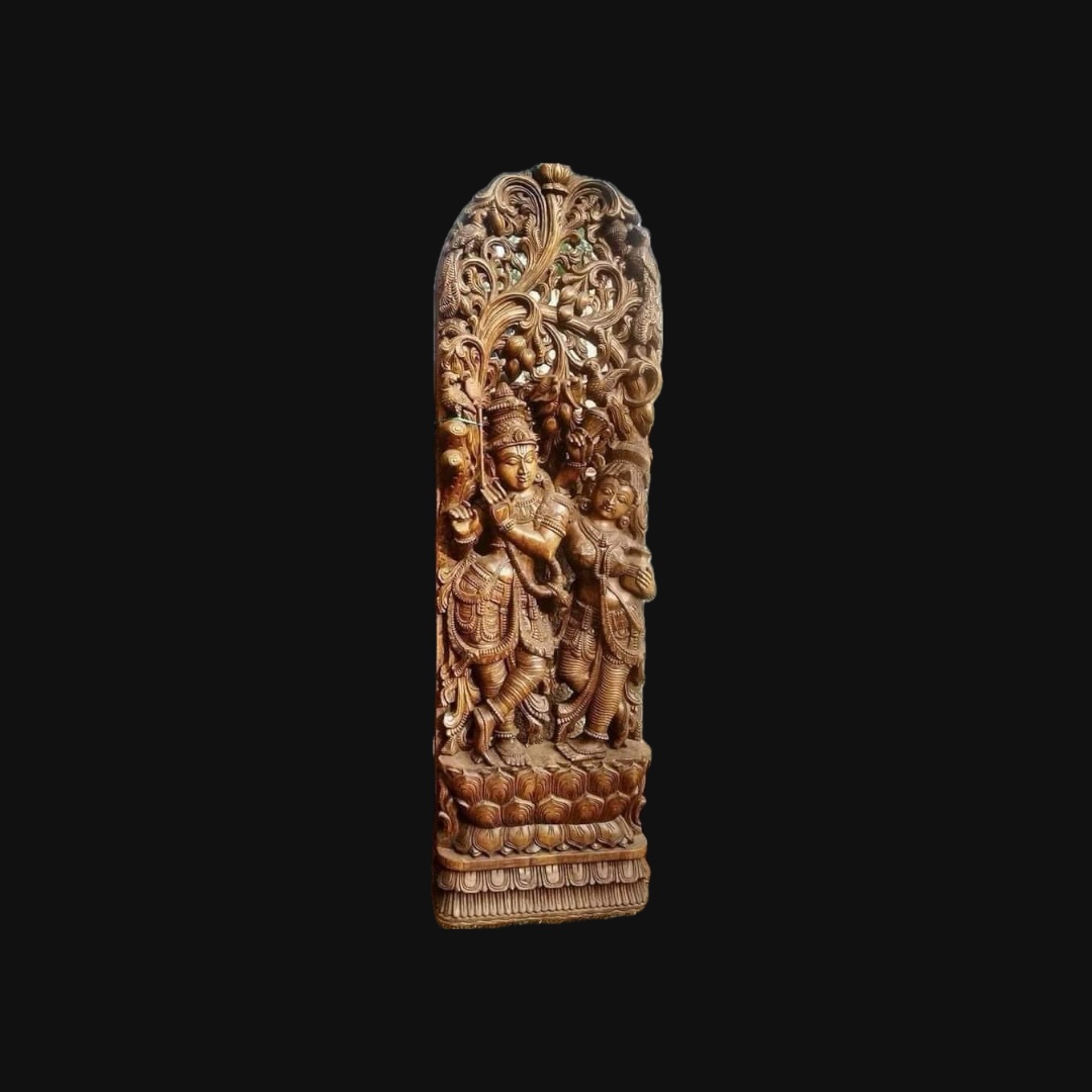 Handmade 5ft Brindavan RadhaKrishna wooden statue carved from Vaagai wood.