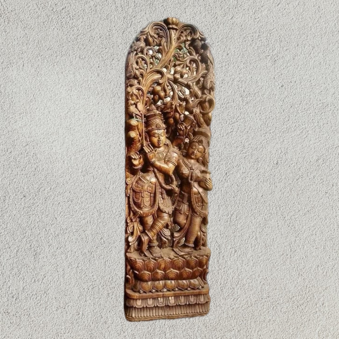 Handmade 5ft Brindavan RadhaKrishna wooden statue carved from Vaagai wood.