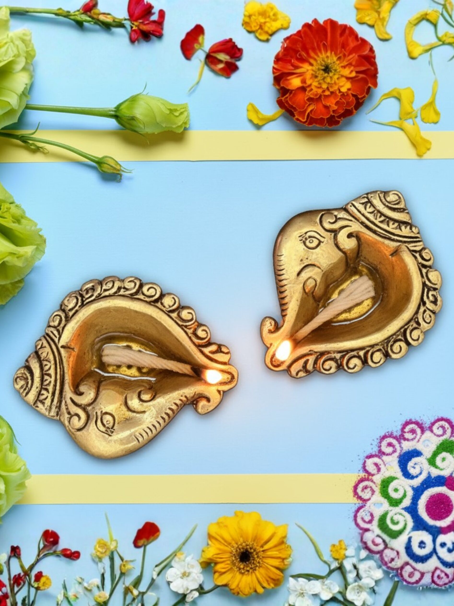 Brass Ganesha Conch Diya Set of 4 (4)