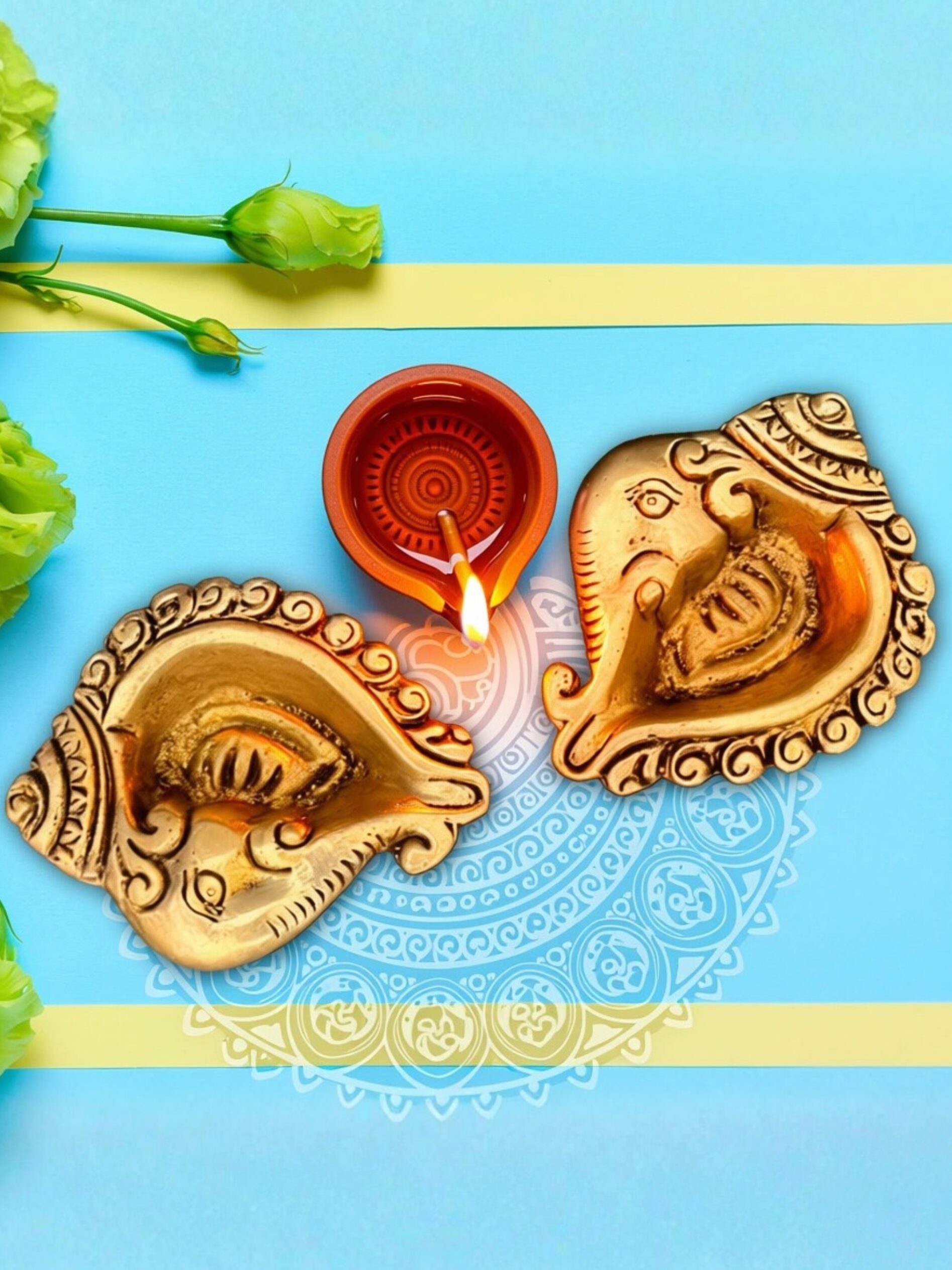 Brass Ganesha Conch Diya Set of 4