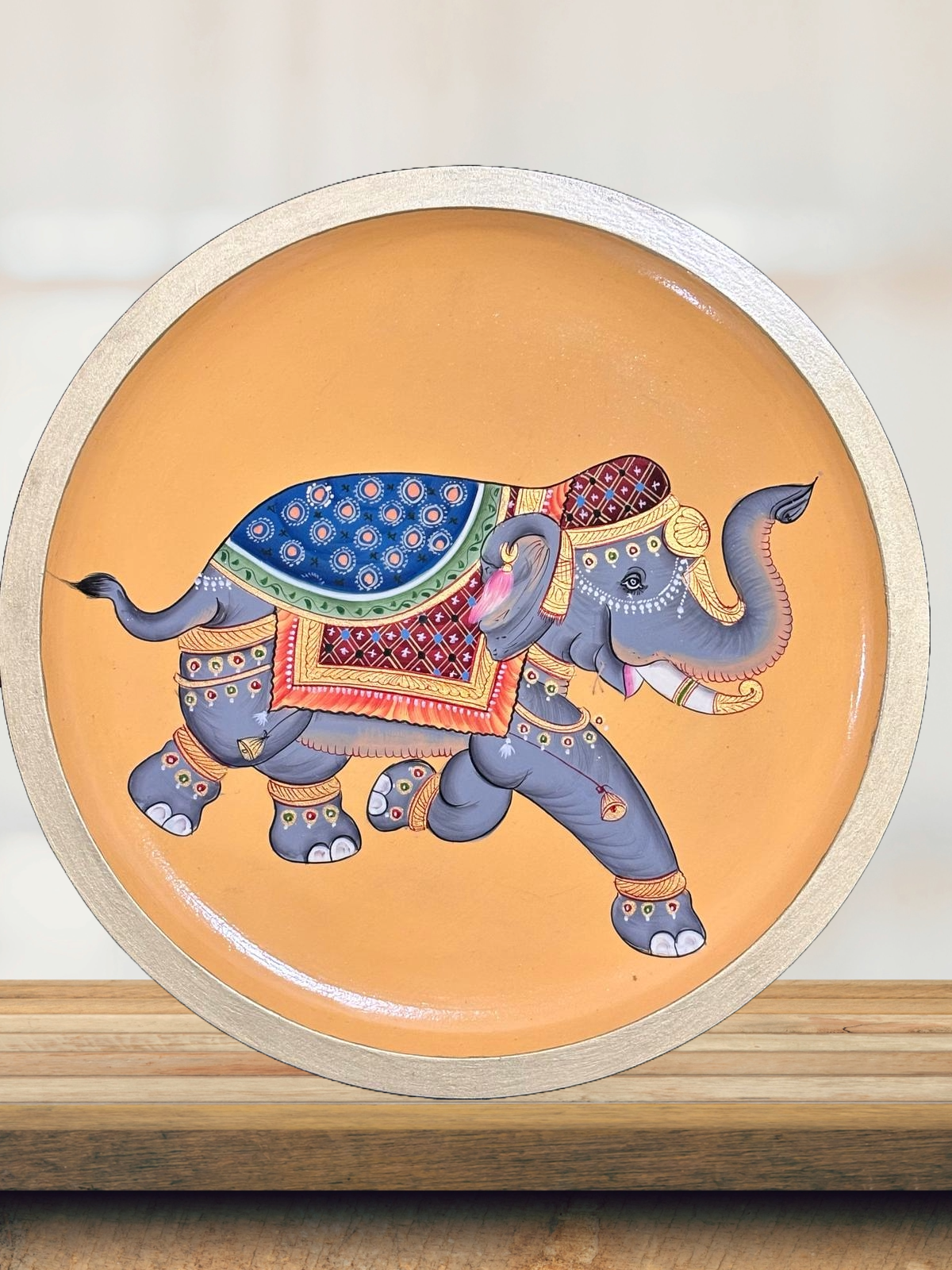 Pichwai-Style Painted Orange Elephant Wall Plate