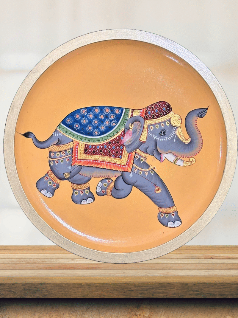 Pichwai-Style Painted Orange Elephant Wall Plate